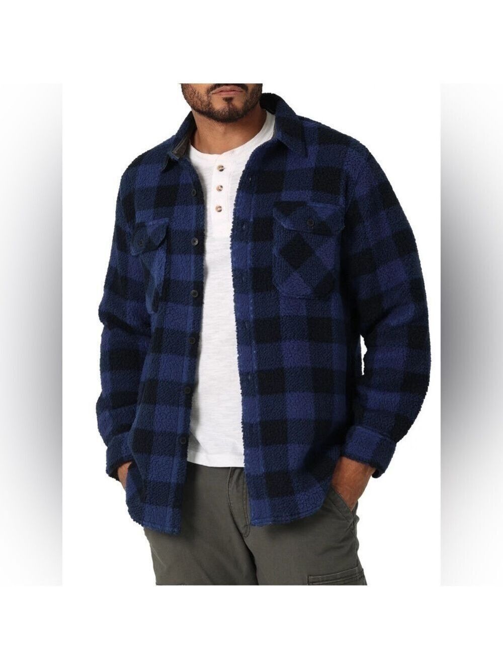 Men’s Wrangler Heavyweight Wooly Faux Blue Fleece Shirt Long Sleeves Size 2XL
